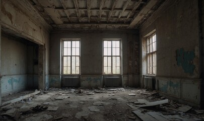 Spacious abandoned room with three large windows lit.