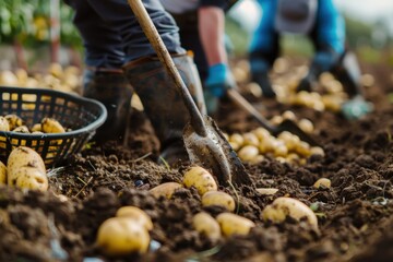 Farmers digging up fresh potatoes from the soil with shovels and collecting them in baskets, blurred background of the field