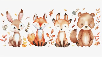 Naklejka premium Baby forest animals in watercolor: fox, deer, rabbit, bear, cute nursery illustration