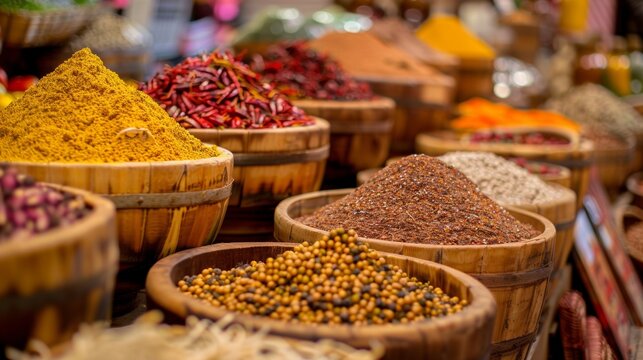 Variety of spices in wooden bowls at market