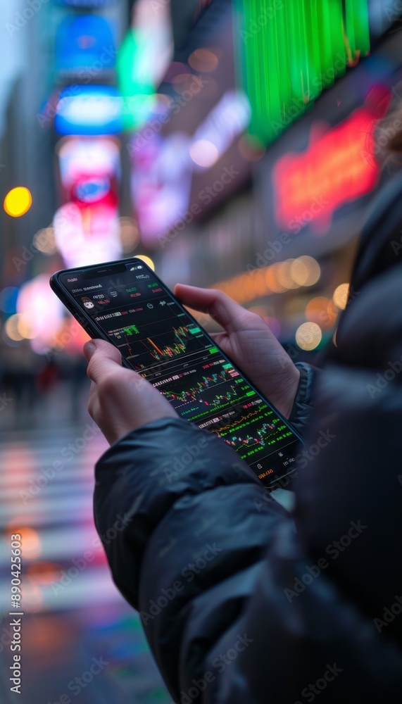 Poster trader analyzing stock market trends on smartphone in cityscape background - urban investment concep