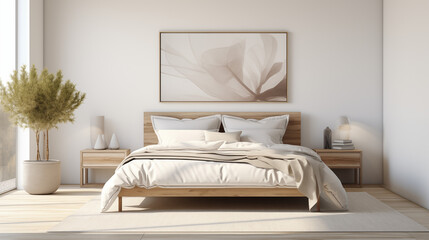 Modern Minimalist Bedroom with Abstract Art and Wooden Furniture