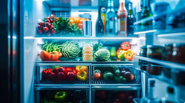 R&eacute;frig&eacute;rateur ouvert avec l&eacute;gumes et boisssons