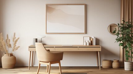 Modern Home Office with Wooden Desk and Chair Green Plants and Abstract Art on the Wall