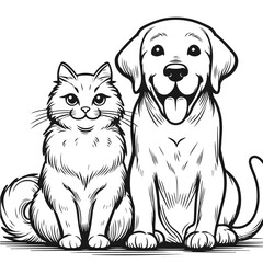 Black and white vector silhouette of a Dog and Cat  isolated on white background	
