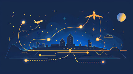 Fototapeta premium Airplane flight route with a starting point and a traced line. Vector illustration.