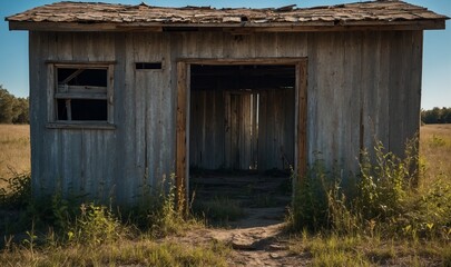 Obraz premium Old wooden shack with broken windows under blue sky