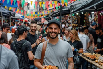 A cheerful man in a grey shirt and cap smiles at the camera while holding food, surrounded by a lively crowd and colorful market stands with festive decorations.