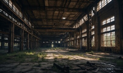 Large empty warehouse with broken windows and grass