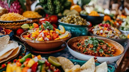 Fototapeta premium A colorful and vibrant spread of various fresh dishes including salads, fruits, and other delicious foods on a festive table.