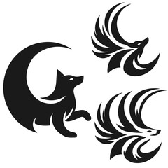 Black and white vector silhouette of a cute Wolf isolated on white background	
