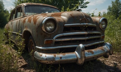 Fototapeta premium Front view of an old rusted car in green vegetation.