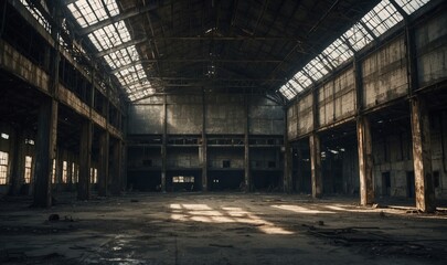 Empty and deserted industrial warehouse with high roof