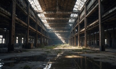 Sunlight streaming into an abandoned warehouse interior
