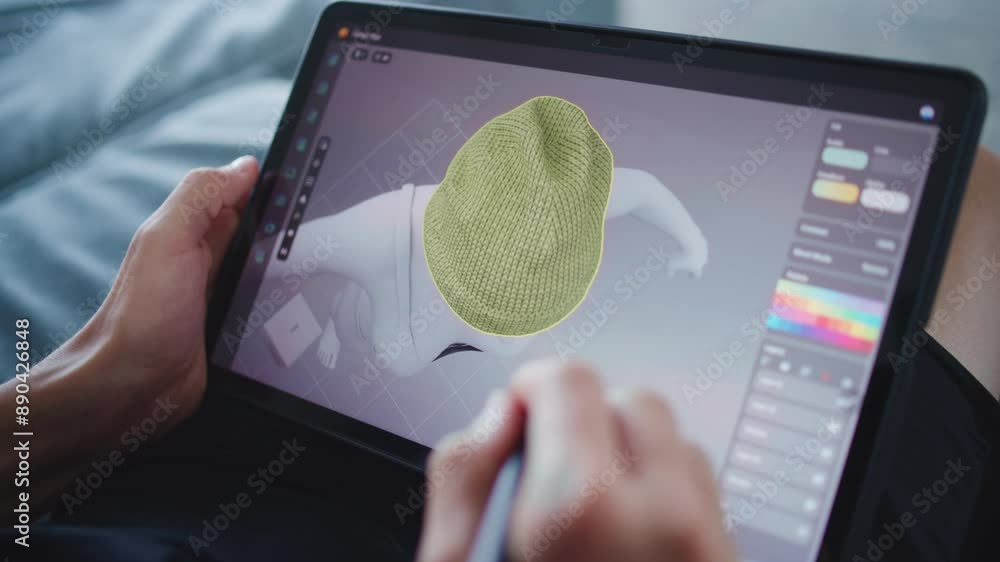 Poster focused teenager draws clothes for game character using 3d modeling program. boy with digital pencil