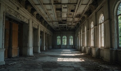 Vacant ballroom with peeling paint and tall arched windows.