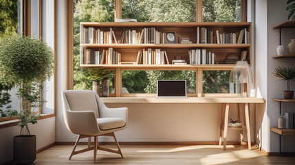 Elegant Home Office with Wooden Bookshelves and Desk Overlooking Greenery Featuring Large Windows and Potted Plants