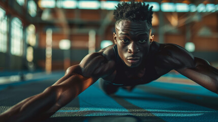 Fototapeta premium Athlete Stretching and Warming Up in Indoor Gymnasium - Flexibility, Focus, and Preparation