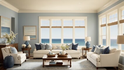 Fototapeta premium Scandinavian style living room with modern furniture, plants, bamboo bookshelves and wooden table. Brown wooden parquet. Abstract painting on white wall.