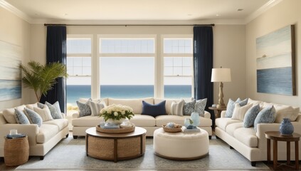 Fototapeta premium Comfortable sofa with coffee table near window in modern living room