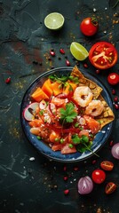 Delicious seafood salad with fresh vegetables and herbs garnished on a dark background with lime and cherry tomatoes.