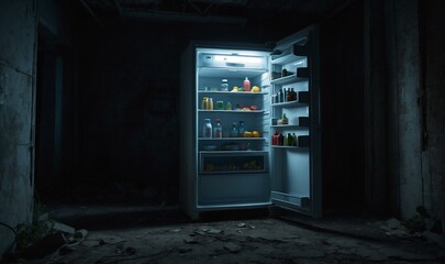 Abandoned open refrigerator radiates light in darkness.