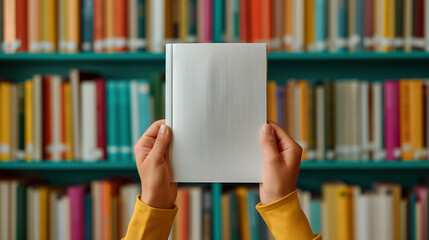 Hands holding a book in a colorful library with a blurred bookshelf background