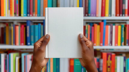 Hands Holding Blank Book in Library with Colorful Book Shelves