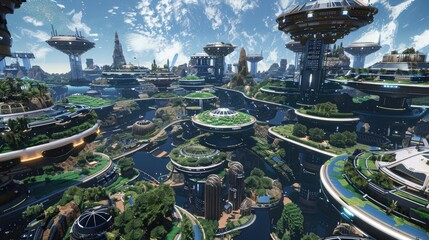 A massive, floating space colony with interconnected habitats and lush green areas.