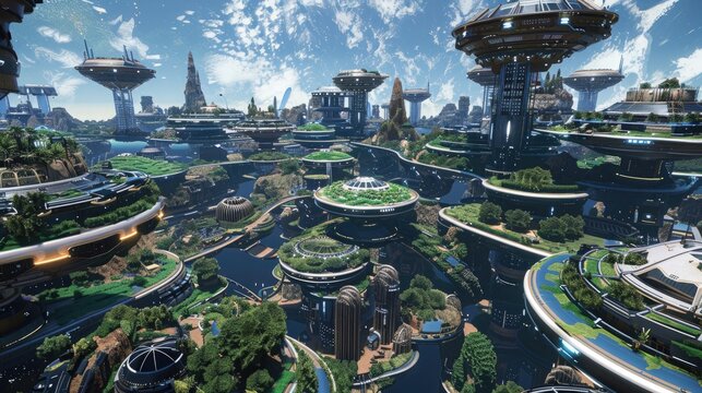 A massive, floating space colony with interconnected habitats and lush green areas.