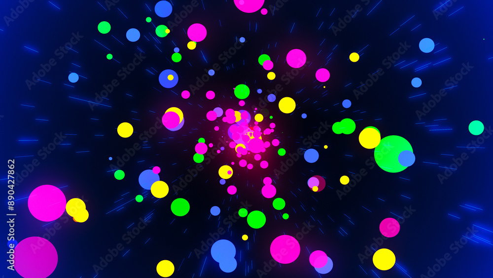 Poster beautiful festive background with glowing colorful balls and bright lines on dark blue background. a