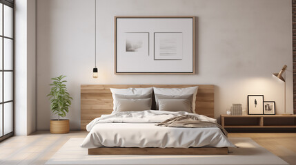 Cozy Minimalist Bedroom with Wooden Bed Frame and White Bedding