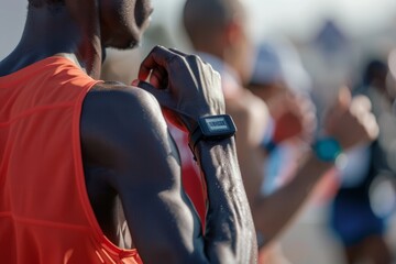 Marathon Runner Adjusting Watch at Start Line, Capturing Pre-Race Focus and Determination