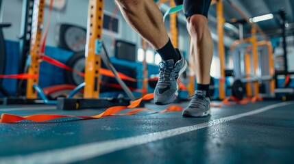 Athlete Using Resistance Bands for Strength Training and Racewalking Practice in Gym