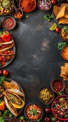 Mexican cuisine frame with tacos, salsa, guacamole, and chips on a dark slate background.