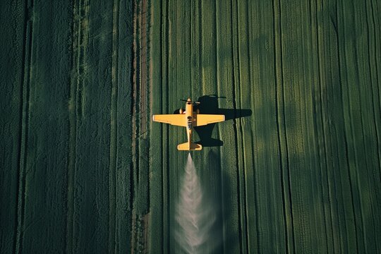 Aerial view of cropduster plane flying over field and spraying crops, symmetrical