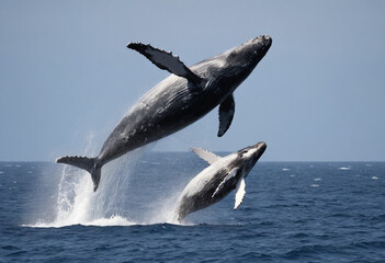 Naklejka premium A mother humpback whale breaching with her calf alongside. 