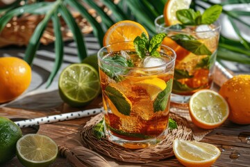 Fototapeta premium Two citrus drinks garnished with mint leaves and ice cubes are served in transparent glasses in a bright and sunny setting, with fresh oranges and limes around.
