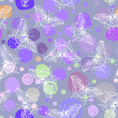 Seamless pattern with butterflies on black background. Highly detailed repetition background for textile, wrapping paper, wallpaper. Isolated vector illustration. Magic, science, astrology, alchemy.
