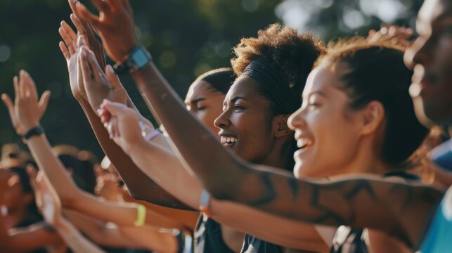 Excited Marathon Runners Cheering at the Start Line, Unity and Excitement in the Air
