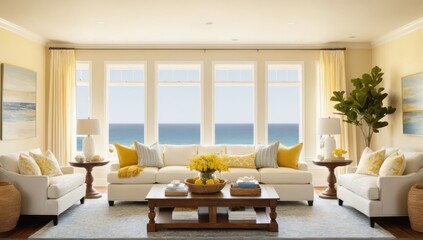 Fototapeta premium Comfortable sofa with coffee table near window in modern living room