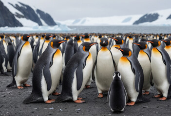  A colony of penguins huddled together for warmth on an icy Antarctic shore. 