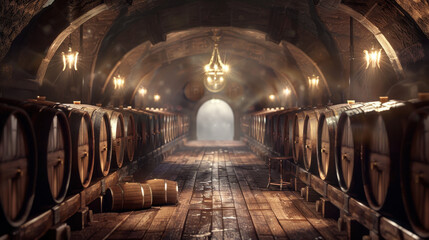 Obraz premium Rustic wine cellar with wooden barrels and vintage chandeliers in dim lighting