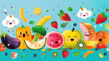 Obraz premium Educational nutrition image with 5 cartoon food groups, vibrant and informative