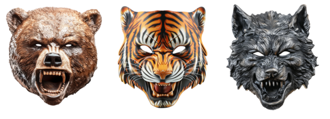 Set of scary animal mask heads. Halloween party concept.