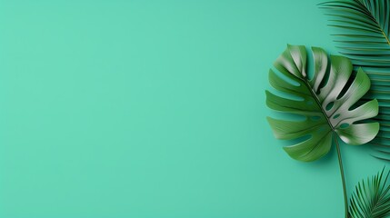 Minimalistic tropical background with a green monstera leaf and palm frond on a mint-colored surface, perfect for summer or nature themes.