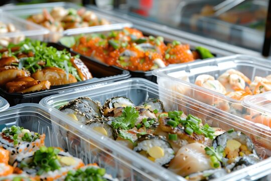 To-Go Food. Carry clamshell container with closed compartments for delivery orders