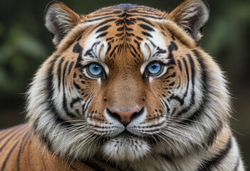 Obraz premium A photorealistic portrait of a majestic Siberian tiger with piercing blue eyes. 