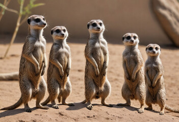 Fototapeta premium A family of meerkats standing upright on their hind legs, keeping watch for predators. 