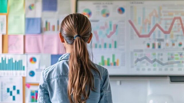 A girl stands in front of a whiteboard covered in graphs, charts, and data in classroom at school.